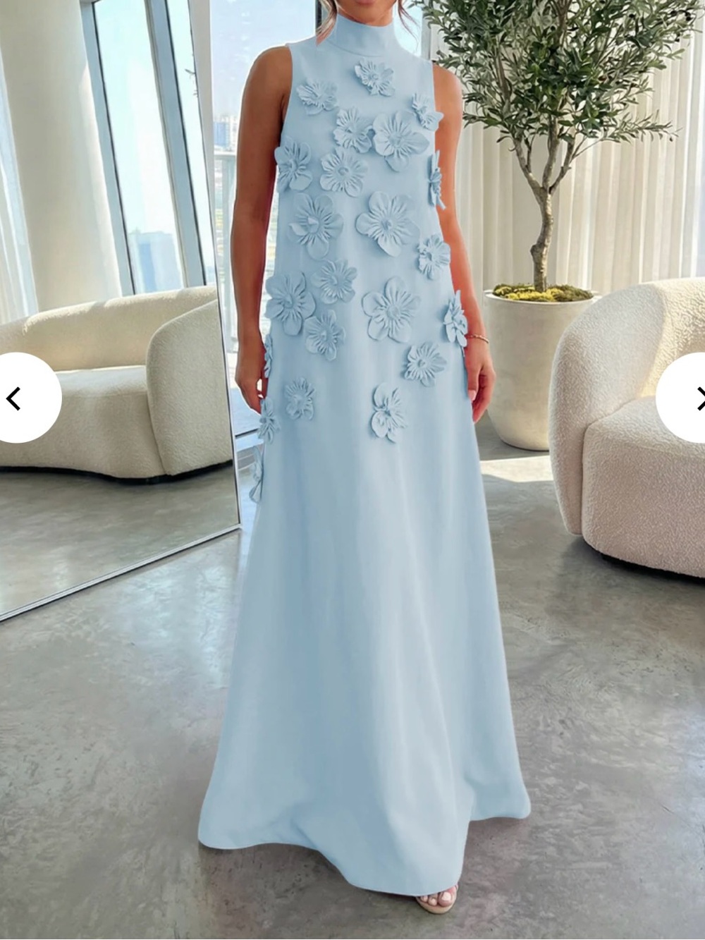 Light Blue Floral Appliqué High-Neck Maxi Dress